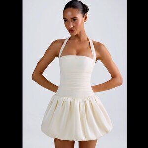 Oh Polly Ludmila Halterneck Lace-Up Bubble Hem Corset Micro Mini Dress – Ivory
